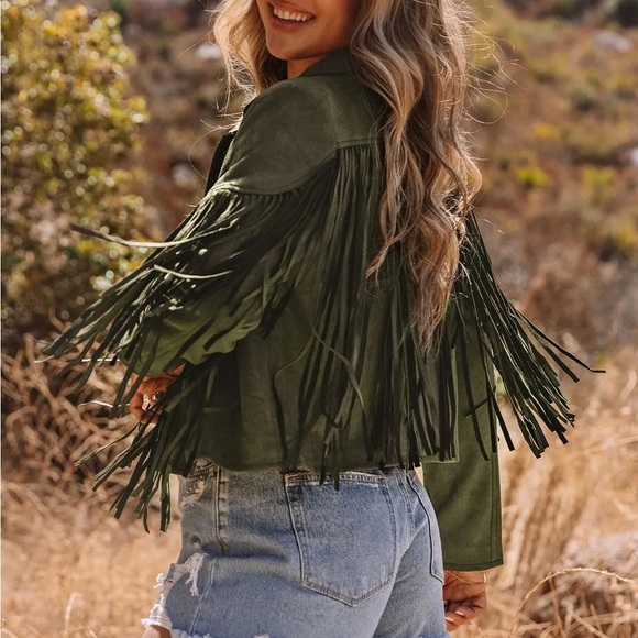 Jackets & Blazers - Olive Fringe Women's Jacket boho faux suede tassel blazer